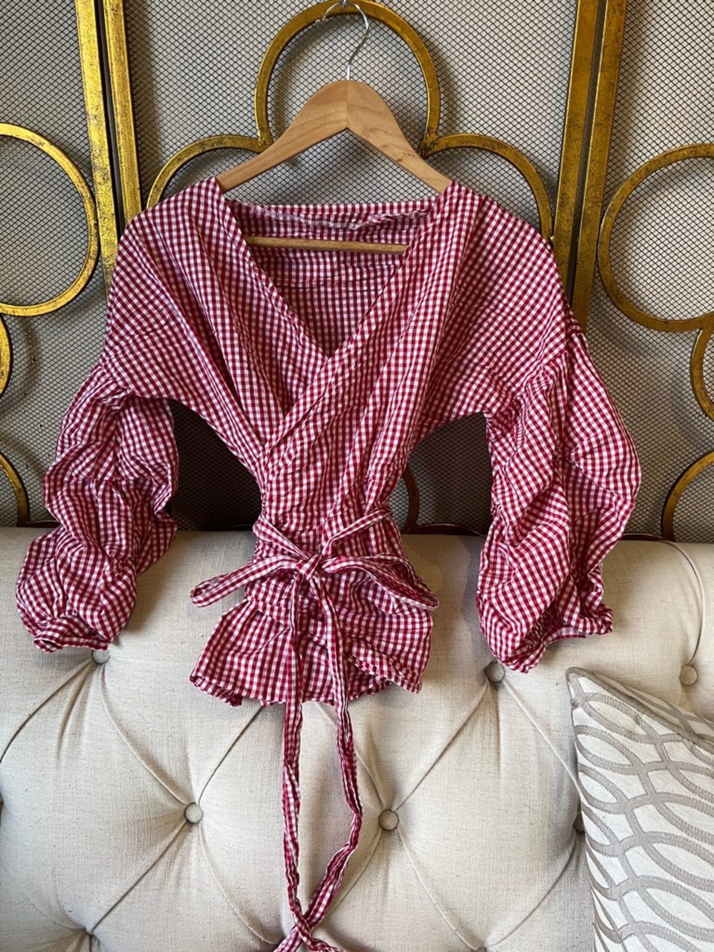 Red Gingham Wrap Blouse with Tie Waist and Puff Sleeves
